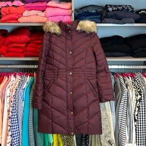 Talbots maroon puffer coat with detachable faux fur hood size XS